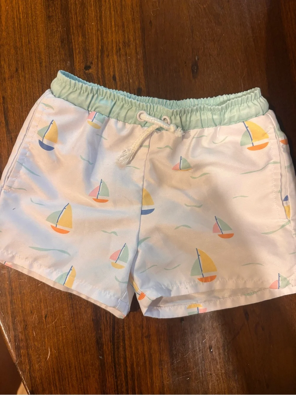 Little English White Sailboat Print Swim Trunks with Mint Waistband 18-24 months
